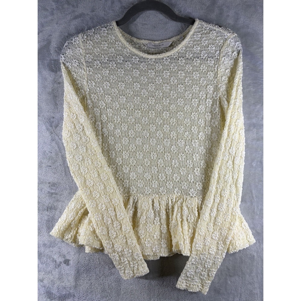Rebecca Taylor Floral Lace Peplum Top Ruffle Hem Coquette Cream Ivory/Yellow XS